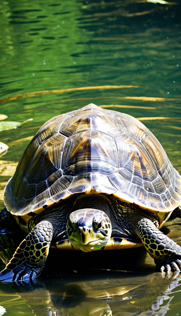 There are many magical turtles living at the bottom of the river，Its shape is no different from that of a turtle.，But it was a bird's eye view but a snake's tail，Mysterious Creatures, shrike, (best quality，4k，8k，High level，masterpiece：1.2），Ultra Detailed，（lifelike，Photo real，Photo real：1.37），Highly detailed animals，Complex patterns，Dramatic lighting，Fantasy Creatures