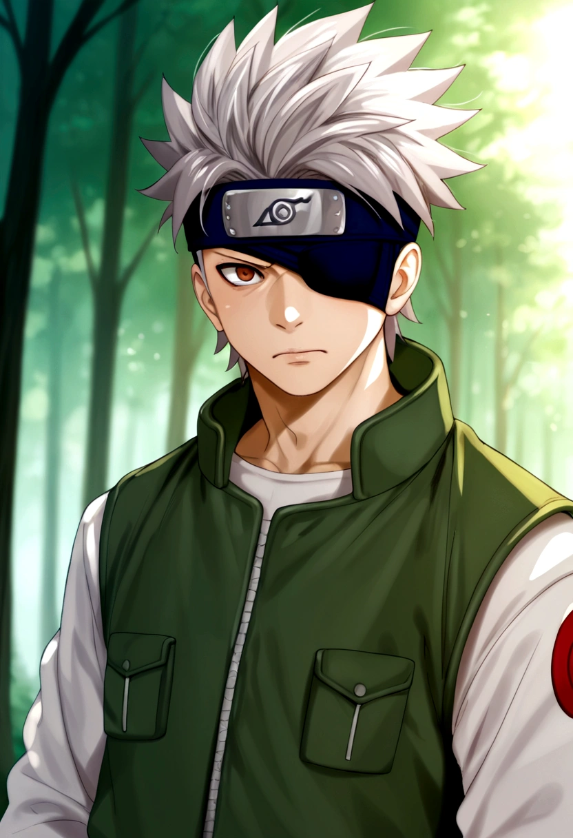 score_9, score_8_up, score_7_up, source_anime, 1boy, Hatake Kakashi, "NARUTO", (forehead protector cover one eye), (Eye Patch, eye mask), angry, standing, outdoors, forest, solo, male focus, jacket, black gloves, fingerless gloves, vest, long sleeves, grey hair, spiked hair, ninja, art by fumihiko (fu mihi ko) and kairunoburogu, anime screenshot, anime screencap, anime coloring, dramatic composition, cinematic lighting, (masterpiece, best quality, Professional, perfect composition, very aesthetic, absurdres, ultra-detailed, intricate details:1.3)