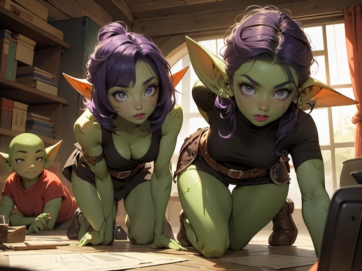 ((best quality)), ((masterpiece)), (detailed), goblin girl, (green skin), purple hair, playing dungeons and dragons, having fun with friends, dynamic pose