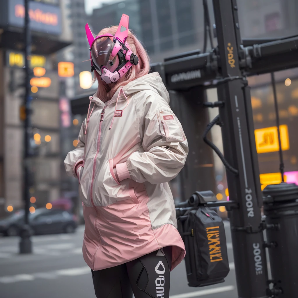 1girll, helmet, Hood, Solo, White_Spacesuit, Extra-long_Hair, bangs, Jacket, The upper part of the body_Body, Pink_Hair, Blurry, Coat, Grey_Eyes, Mask, Blurry_Background, Backpack, zippers, Mouth_Mask, Covered_Mouth, Urban tech clothing, Outfit,lowerbody,Fair long legs,Unequal cyber leggings,with light glowing,zipperechanical booties,Full body shot from head to hips。