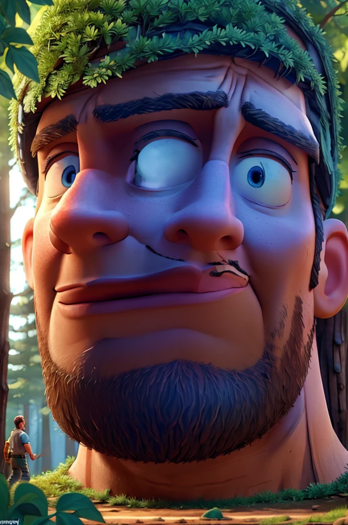 A giant lumberjack Paul Bunyan, detailed facial features, beautiful blue eyes, large muscular body, holding an enormous axe, standing in a magical forest, towering beanstalk reaching up into the clouds, sunlight filtering through the leaves, beautiful detailed lighting, digital painting, intricate details, highly realistic, cinematic composition, epic fantasy, vibrant colors, dramatic lighting