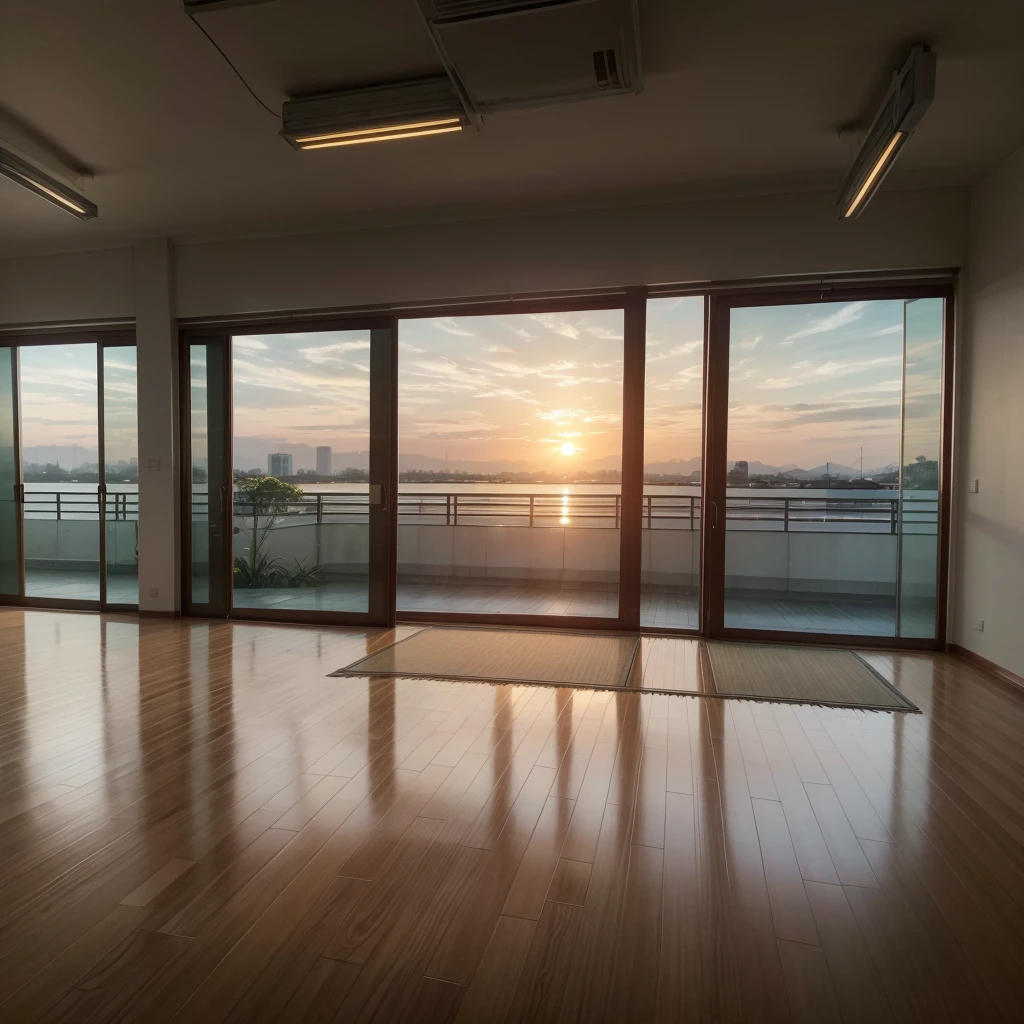 Quero uma imagem de uma sala de aula universitaria, com um por do sol transcedendo a janela. Do it in an Asian classroom style, com varias mesas e cadeira, mochilas, cadernos