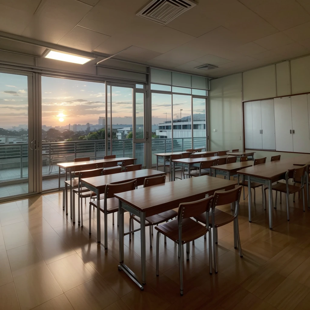 Quero uma imagem de uma sala de aula universitaria, com um por do sol transcedendo a janela. Do it in an Asian classroom style, com varias mesas e cadeira, mochilas, cadernos