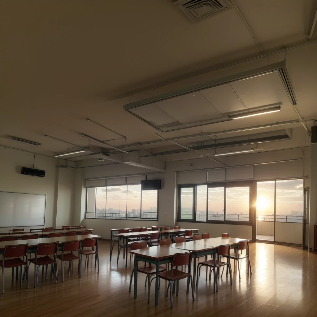 Quero uma imagem de uma sala de aula universitaria, com um por do sol transcedendo a  janela. Do it in an Asian classroom style, com varias mesas e cadeira, mochilas, cadernos