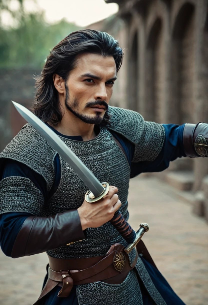 handsome man with sword ready to war, cinematic scene