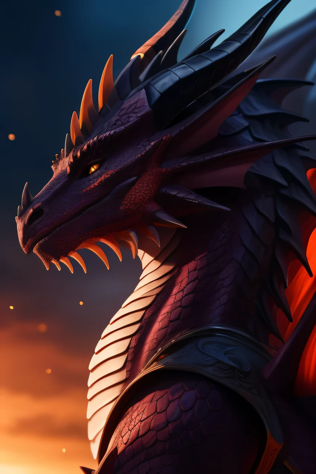 Detailed and realistic photograph of Dragon, olhos sanguinarios, filmed outside in the evening light, textura de escamas detalhadas , dentes detalhados, Dramatic natural lighting, fotografia retrato, lente 85mm, magic photography, lighting dramatic, Foto realism, ultra-detalhado, Cinestill 800T