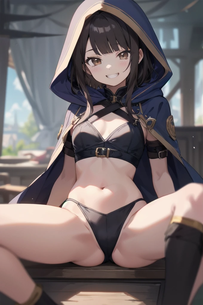 extremely detailed, anime,
(Ellen 18-years-old, short dark layered hair, Brown-eyed, small breast:1.0),
Fantasy rogue outfit, rogue hood, groin, spread legs , grin