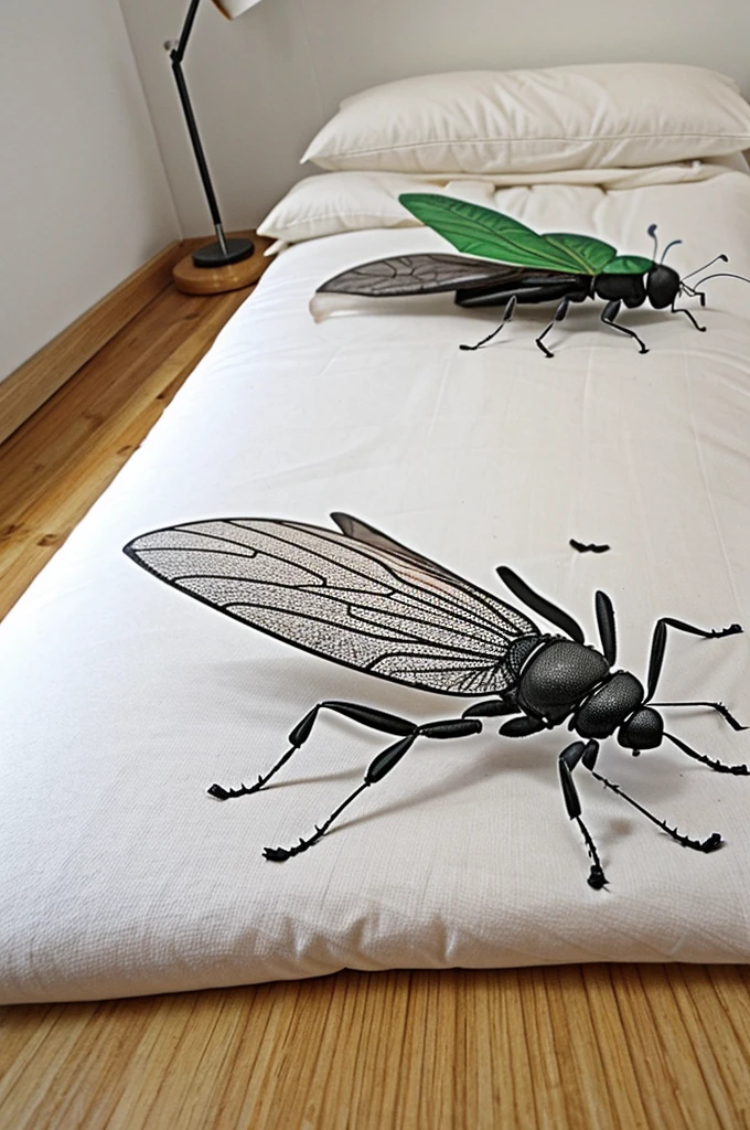 Dibujo de un insecto en cama sufriendo de hambre y dificultad para moverse