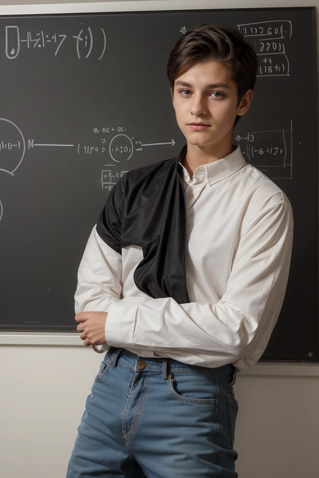 A young, cute, beautiful male twink with black hair, wearing a luxurious white long-sleeved shirt and jeans. He is in his office, and behind him is a blackboard with calculus written on it. Neon energy and a mind map come out of the blackboard. He looks on proudly, and his eyes have dark circles underneath them.