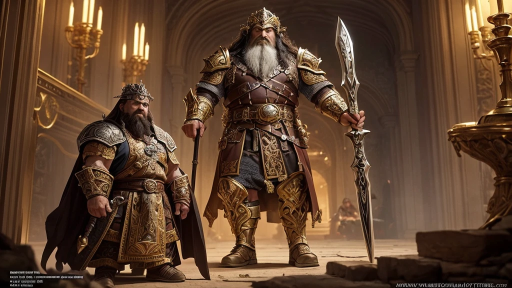 In a realm of magic and adventure, create a stunning illustration of a majestic dwarf warrior adorned in ornate dark heavy and wielding an elaborate battle axe, ruling over his opulent underground throne_room. Explore a rich fantasy character design inspired by artists like Frank Frazetta, J.R.R. Tolkien, Emphasize the dwarf king's regal presence, intricate details of his armor and weapon, and the grandeur of his subterranean kingdom filled with treasures, architectural marvels, and a strong sense of awe and wonder.