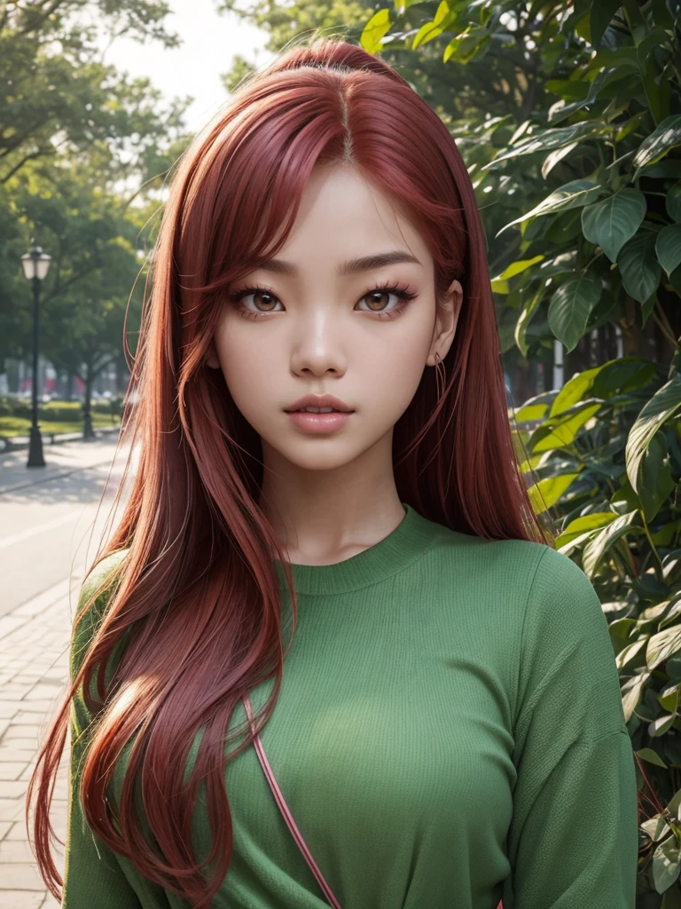 A woman glowing skin, lips, sacimaer detailed skin, with five fingers on the hands Beautiful face and detailed pink eyes, Spotlight, professional lighting, 1 girl, Alone, long hair, wearing a green outfit, natural pose, lips, indoor, realistic, I want the whole image be created, face and body of blackpink's Jennie kim with red hair and in four places with different poses doing random things walking in a park with different plants, a calm square with some people in the background