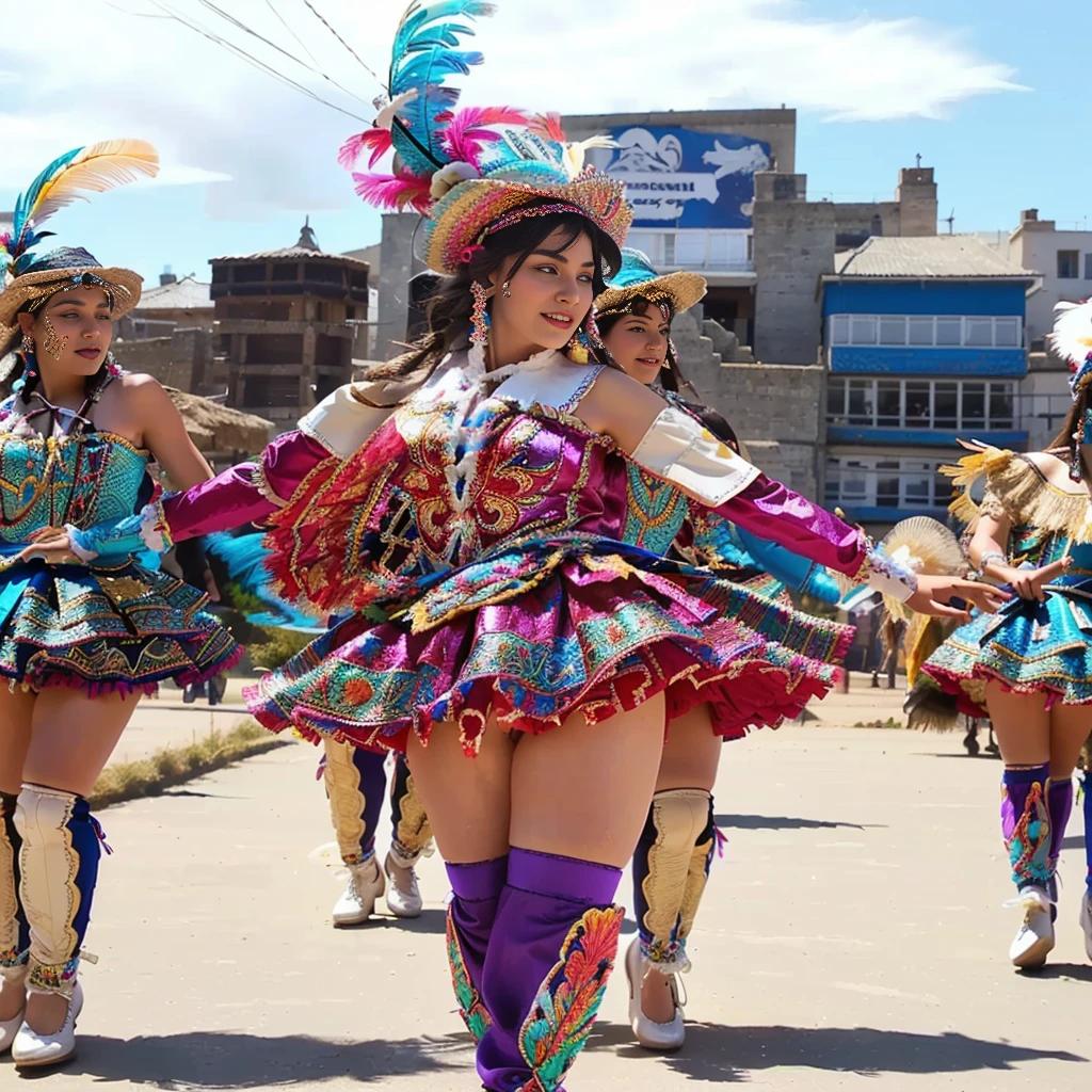 beautiful white woman, blue eyes, detailed face, beautiful face, dancing Morenada, cultural dance. Beautiful women dancing Morenada, Diablada, Sambo. traditional dance, beautiful girl wearing clothing from the (Morenada: includes hats decorated with colorful feathers), (long jackets and gloves decorated with embroidery and sequins), (ruffled skirts and petticoats, and patent leather shoes.)