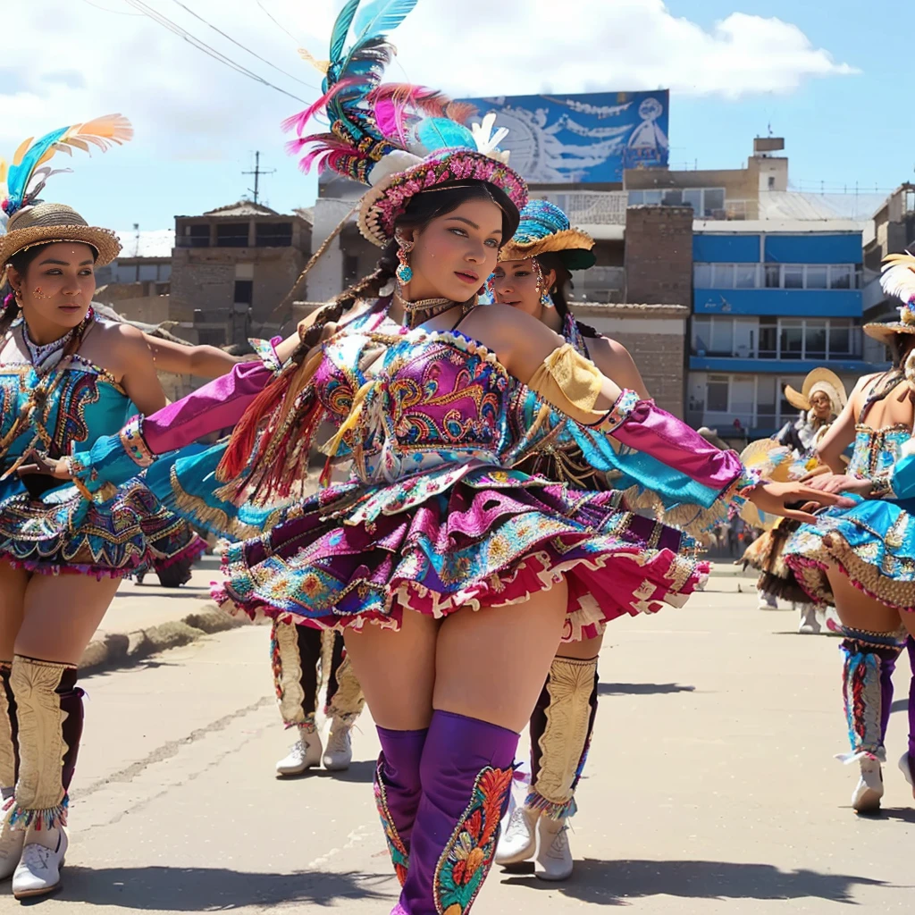 beautiful white woman, blue eyes, detailed face, beautiful face, dancing Morenada, cultural dance. Beautiful women dancing Morenada, Diablada, Sambo. traditional dance, beautiful girl wearing clothing from the (Morenada: includes hats decorated with colorful feathers), (long jackets and gloves decorated with embroidery and sequins), (ruffled skirts and petticoats, and patent leather shoes.)