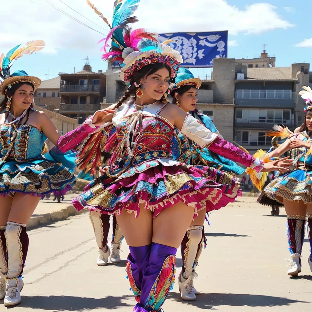 beautiful white woman, blue eyes, detailed face, beautiful face, dancing Morenada, cultural dance. Beautiful women dancing Morenada, Diablada, Sambo. traditional dance, beautiful girl wearing clothing from the (Morenada: includes hats decorated with colorful feathers), (long jackets and gloves decorated with embroidery and sequins), (ruffled skirts and petticoats, and patent leather shoes.)