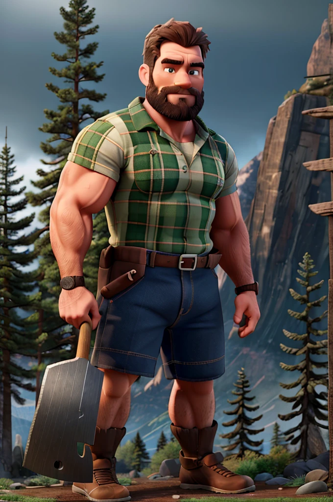 a muscular lumberjack paul bunyan, detailed facial features, striking eyes, holding a huge axe, standing in a forest landscape, majestic mountains in the background, detailed bark textures on the trees, dramatic lighting, cinematic composition, photorealistic, 8k, highly detailed