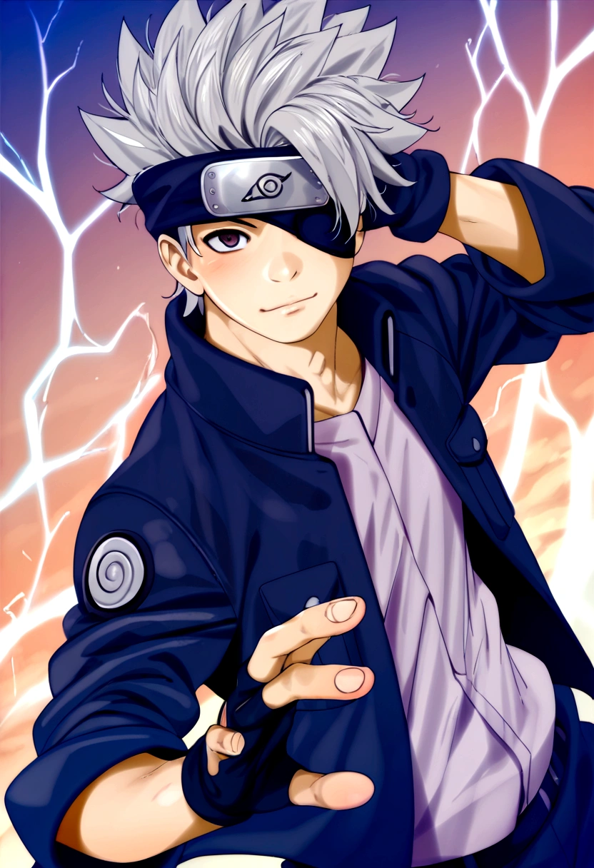 score_9, score_8_up, score_7_up, source_anime, 1boy, Hatake Kakashi, "NARUTO", (forehead protector cover one eye), (Eye Patch, eye mask), chidori, electricity, electrokinesis, energy, IncrsPunchMeme, incoming punch, blue sky, meadow, solo, male focus, jacket, black gloves, fingerless gloves, vest, long sleeves, grey hair, spiked hair, ninja, art by fumihiko (fu mihi ko) and kairunoburogu, anime screenshot, anime screencap, anime coloring, dramatic composition, cinematic lighting, (masterpiece, best quality, Professional, perfect composition, very aesthetic, absurdres, ultra-detailed, intricate details:1.3)