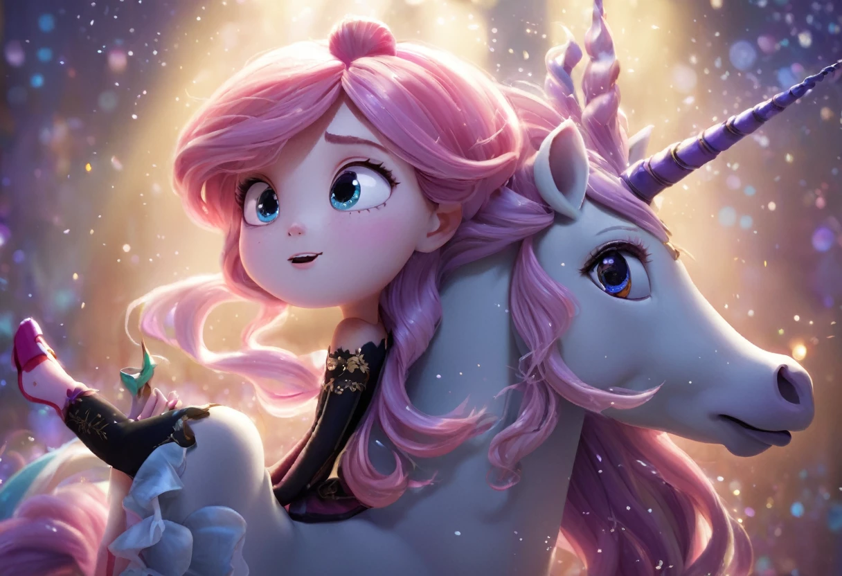 a wicked witch turned the girl unicorn into an ugly toy,and a good fairy lifted the curse but the magic horn on the girl's head remained forever,girl with a unicorn horn,magic horn on the beautiful girl's head,Pixar ((unicorn girl)).