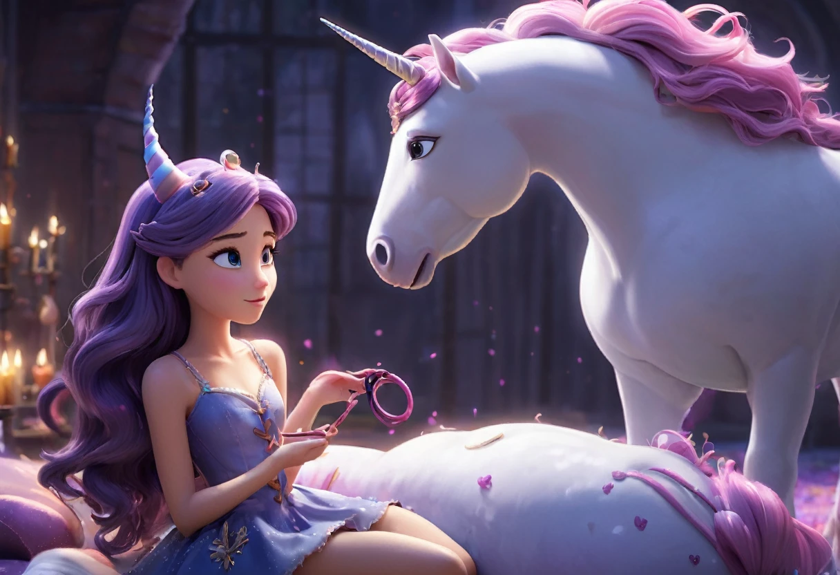 a wicked witch turned the girl unicorn into an ugly toy,and a good fairy lifted the curse but the magic horn on the girl's head remained forever,girl with a unicorn horn,magic horn on the beautiful girl's head,Pixar ((unicorn girl)).