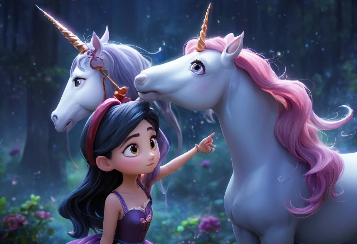 a wicked witch turned the girl unicorn into an ugly toy,and a good fairy lifted the curse but the magic horn on the girl's head remained forever,girl with a unicorn horn,magic horn on the beautiful girl's head,Pixar ((unicorn girl)).