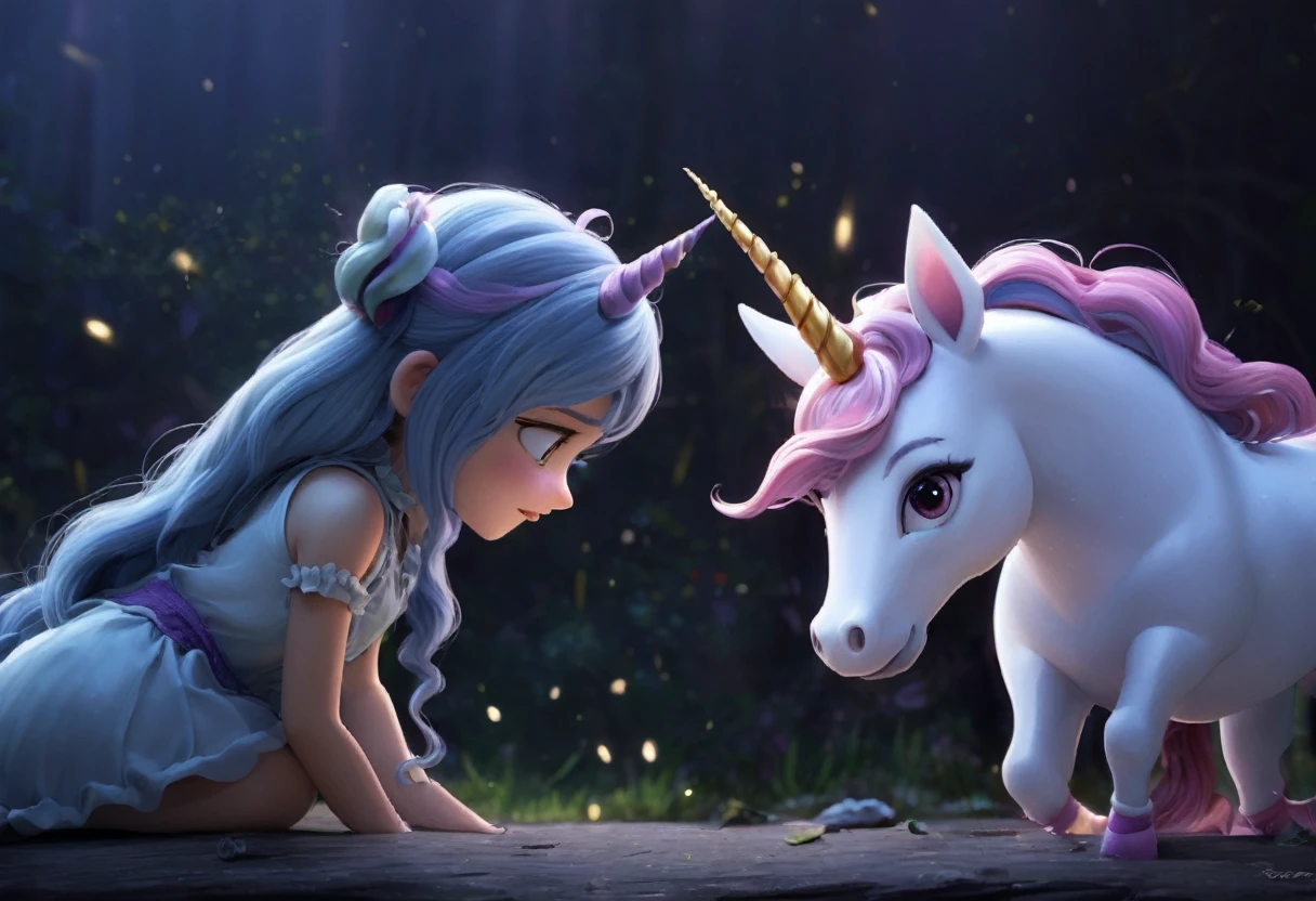 a wicked witch turned the girl unicorn into an ugly toy,and a good fairy lifted the curse but the magic horn on the girl's head remained forever,girl with a unicorn horn,magic horn on the beautiful girl's head,Pixar ((unicorn girl)).