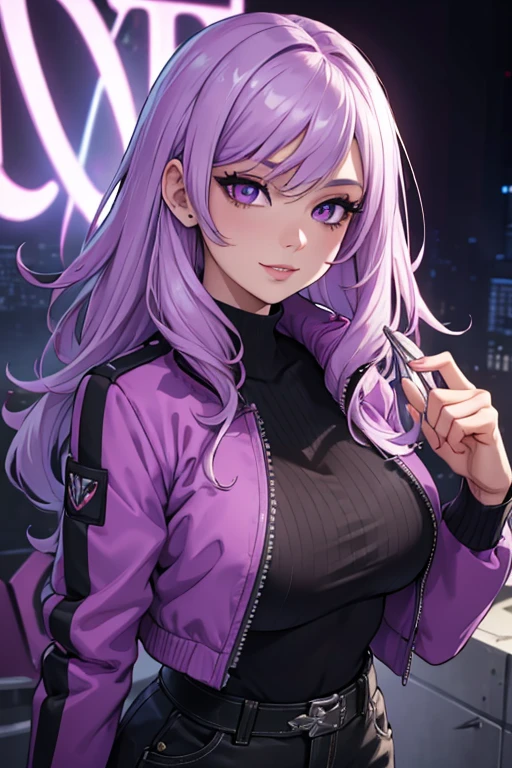 One beautiful young woman, light purple hair, long slightly waved and combed to one side, purple eyes, sharp eyes, eyeliner, pretty smile, pale skin, extremely beautiful, kind, sweet, White, black jacket, black cargo pants, anime realism style, portrait, vibrant lighting, color palette: light purple and black, (best quality, 4k, 8k, highres, masterpiece:1.2), ultra-detailed, realistic:1.37