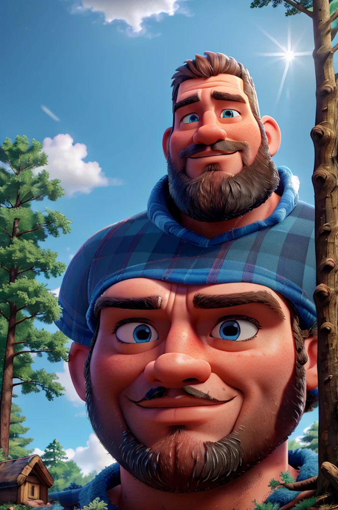 A giant lumberjack Paul Bunyan, detailed facial features, beautiful blue eyes, large muscular body, holding an enormous axe, standing in a magical forest, towering beanstalk reaching up into the clouds, sunlight filtering through the leaves, beautiful detailed lighting, digital painting, intricate details, highly realistic, cinematic composition, epic fantasy, vibrant colors, dramatic lighting