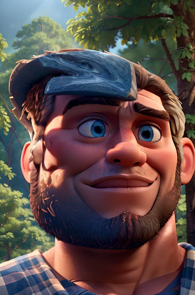 A giant lumberjack Paul Bunyan, detailed facial features, beautiful blue eyes, large muscular body, holding an enormous axe, standing in a magical forest, towering beanstalk reaching up into the clouds, sunlight filtering through the leaves, beautiful detailed lighting, digital painting, intricate details, highly realistic, cinematic composition, epic fantasy, vibrant colors, dramatic lighting