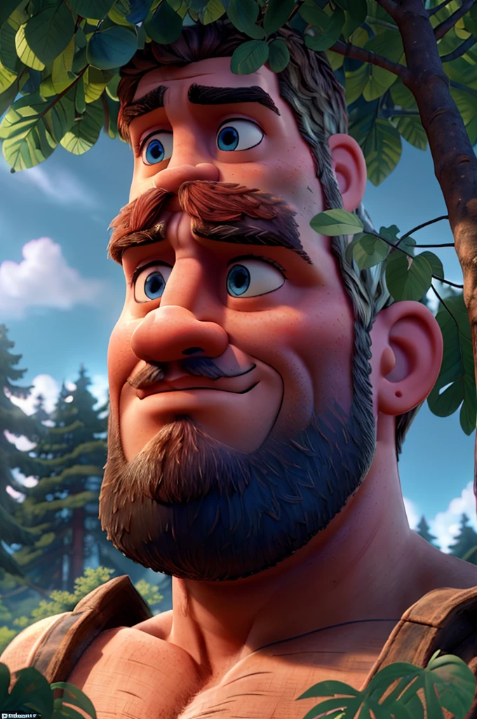 A giant lumberjack Paul Bunyan, detailed facial features, beautiful blue eyes, large muscular body, holding an enormous axe, standing in a magical forest, towering beanstalk reaching up into the clouds, sunlight filtering through the leaves, beautiful detailed lighting, digital painting, intricate details, highly realistic, cinematic composition, epic fantasy, vibrant colors, dramatic lighting