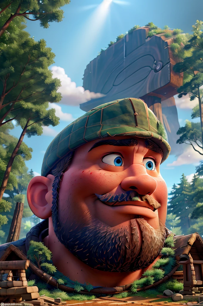 A giant lumberjack Paul Bunyan, detailed facial features, beautiful blue eyes, large muscular body, holding an enormous axe, standing in a magical forest, towering beanstalk reaching up into the clouds, sunlight filtering through the leaves, beautiful detailed lighting, digital painting, intricate details, highly realistic, cinematic composition, epic fantasy, vibrant colors, dramatic lighting