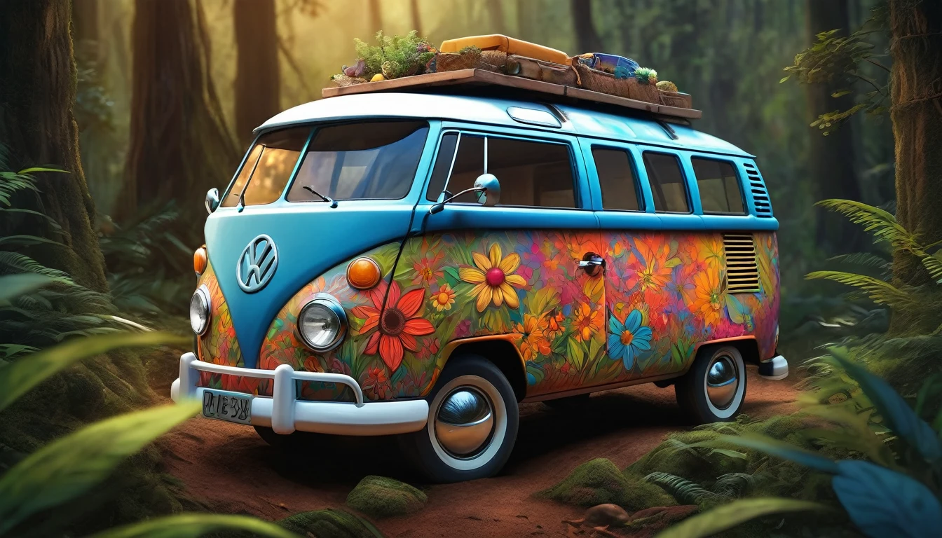 A luz da noite foto de uma Kombi com uma pintura Hippie na floresta pintura arte digital com detalhes,ultra super realistic photo art.