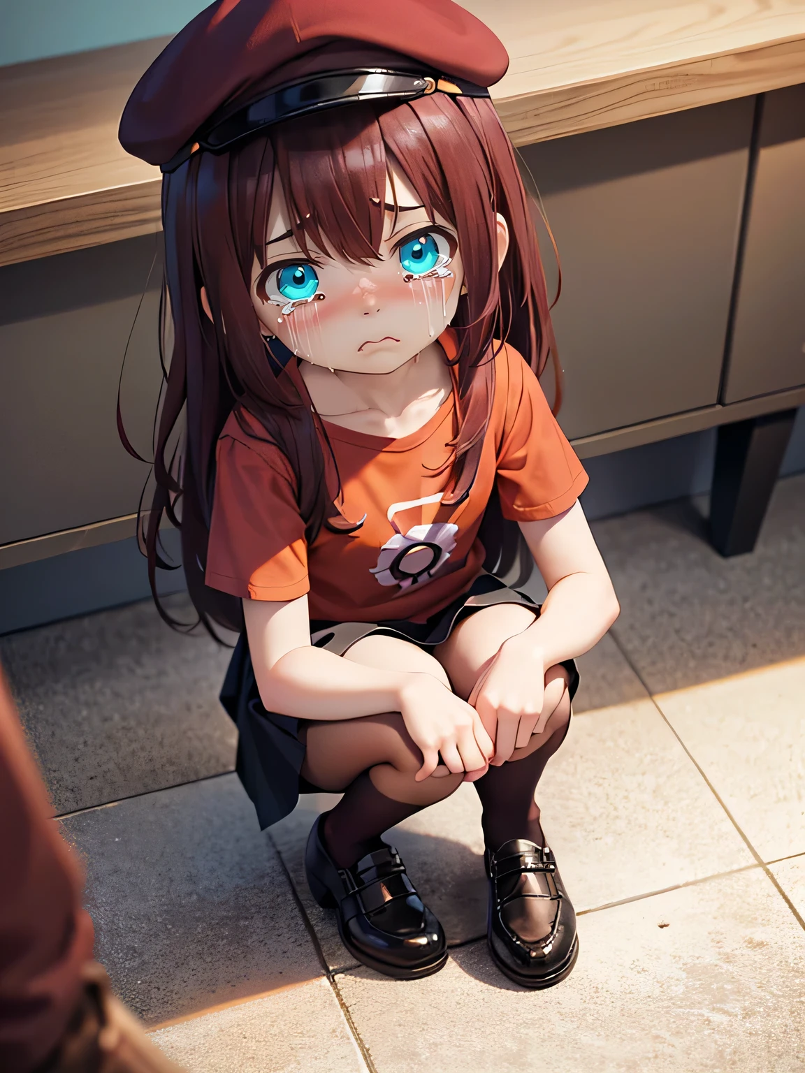 Burgundy hair, long hair, messy hair, shocked hair, cyan eyes, orange shirt, black skirt, brown tights, black shoes, small, short, little, young, loli, flat, , cap, crying, sad, crouch, crouching, room, holding arm, looking up, upset, overhead, over her head