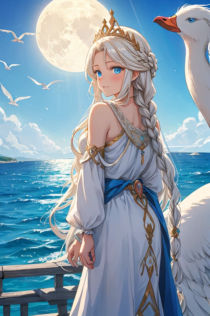 A girl emerged from the sea, The Swan Princess of Russian Mythology, Beautiful calm face, blue eyes, Long blonde hair braided, The moon is woven into the hair at the back of the head., Old Russian shiny white clothes, On her head is a kokoshnik crown, Affectionate look, Half-laugh, There was a gentle look on his face, Background seascape and sunlight, Seagulls in the sky, full length,  Photorealism