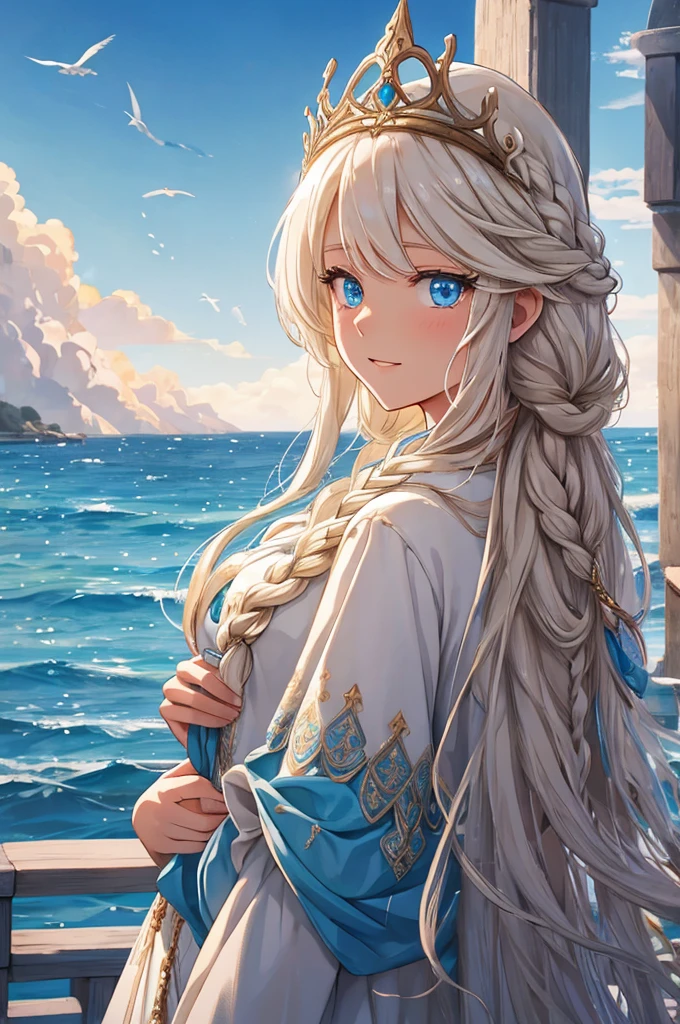 A girl emerged from the sea, The Swan Princess of Russian Mythology, Beautiful calm face, blue eyes, Long blonde hair braided, The moon is woven into the hair at the back of the head., Old Russian shiny white clothes, On her head is a kokoshnik crown, Affectionate look, Half-laugh, There was a gentle look on his face, Background seascape and sunlight, Seagulls in the sky, full length,  Photorealism