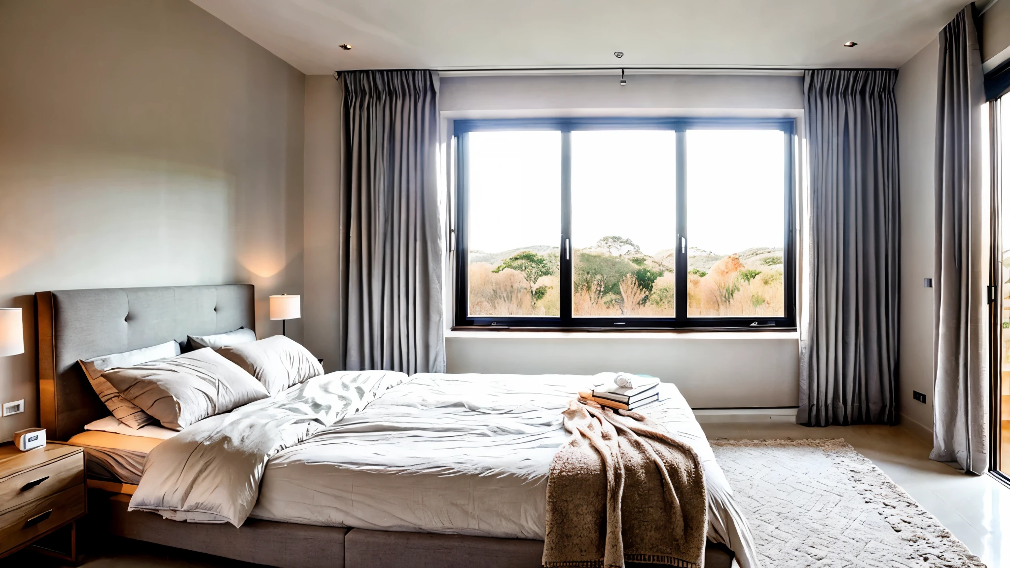 A minimalist bedroom with a soft color palette and natural light streaming in through the window