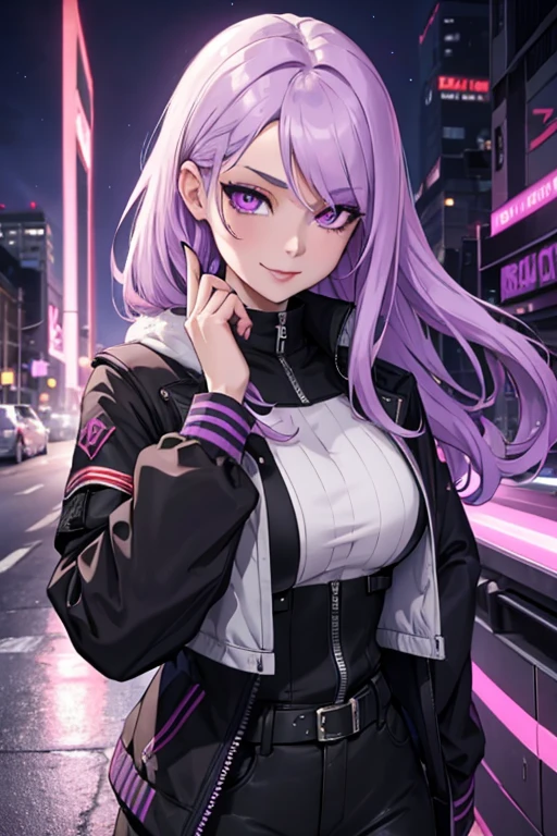 One extremely beautiful young woman, light purple hair, long slightly waved and combed to one side, purple eyes, sharp eyes, eyeliner, pretty smile, pale skin, kind, sweet, White, black jacket, black cargo pants, anime realism style, portrait, vibrant lighting, color palette: light purple and black, (best quality, 4k, 8k, highres, masterpiece:1.2), ultra-detailed, realistic:1.37