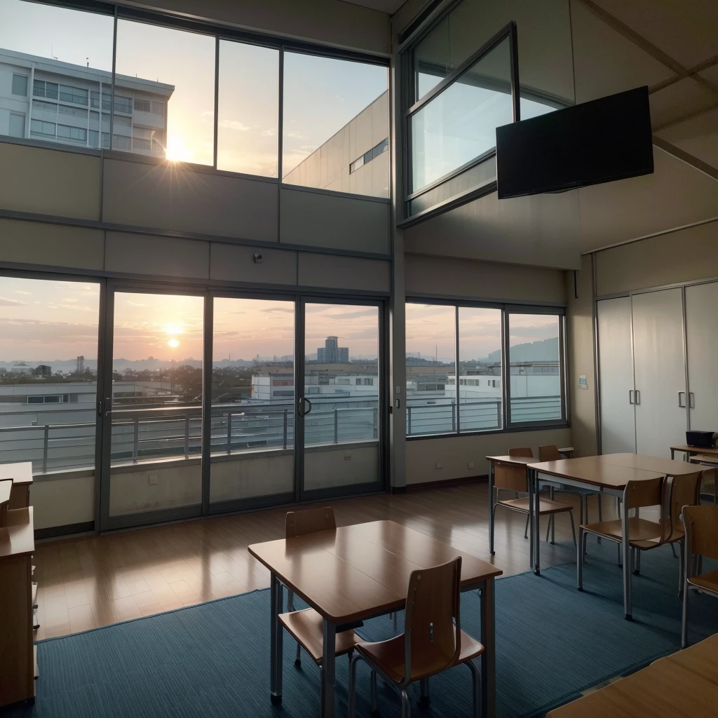 Quero uma imagem de uma sala de aula universitaria, com um por do sol transcedendo a janela. Do it in an Asian classroom style, com varias mesas e cadeira, mochilas, cadernos. Do it in a blue style