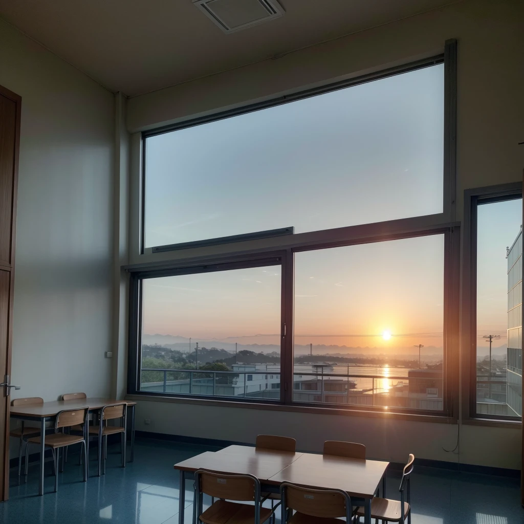 Quero uma imagem de uma sala de aula universitaria, com um por do sol transcedendo a janela. Do it in an Asian classroom style, com varias mesas e cadeira, mochilas, cadernos. Do it in a blue style