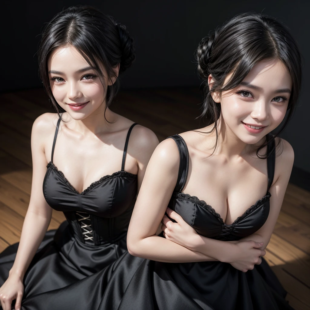 woman, black hair, updo hairstyle, wearing a black short corset dress, smiling, looking at the camera,  pose, elegant background