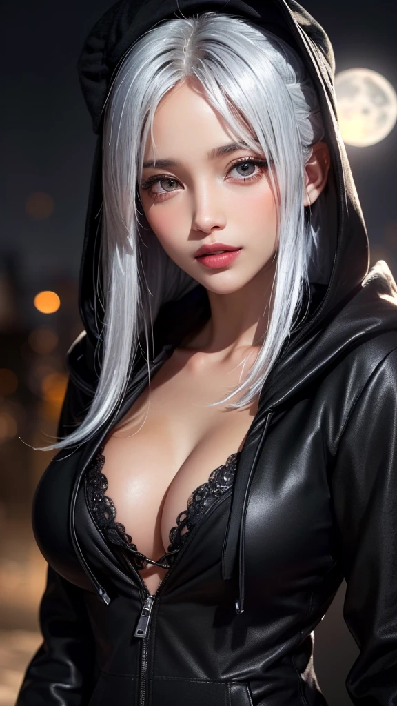 (UHD, retina, masterpiece, accurate, anatomically correct, textured skin, super detail, high details, high quality, best quality, high res, 1080P, HD, 4K, 8k, 16k), (beautiful detailed eyes, beautiful detailed lips, extremely detailed eyes and face), soft lighting, physically-based rendering, vivid colors, (large breasts:1.5), (portrait, shiny hair, shiny skin), eye reflection, (bokeh, moonlight:1.5), (black coat, wear the hood on your head, tanned skin:1.5), silver hair,
