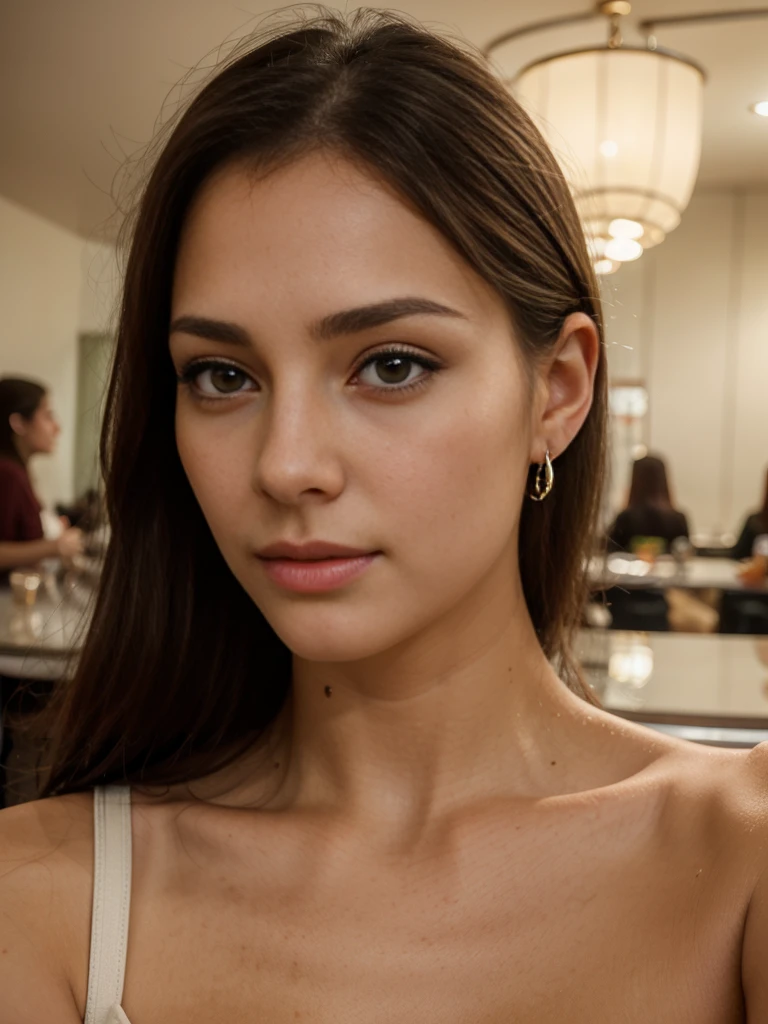 1 beautiful young woman, detailed facial features, thin lips, delicate eyes, thin eyebrows, thin nose, earrings, long eyelashes, taking selfie in cafe, high quality, realistic, photorealistic, professional, natural lighting, warm color tones, cinematic
