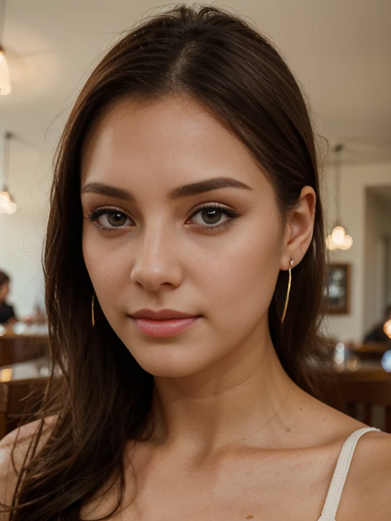 1 beautiful young woman, detailed facial features, thin lips, delicate eyes, thin eyebrows, thin nose, earrings, long eyelashes, taking selfie in cafe, high quality, realistic, photorealistic, professional, natural lighting, warm color tones, cinematic
