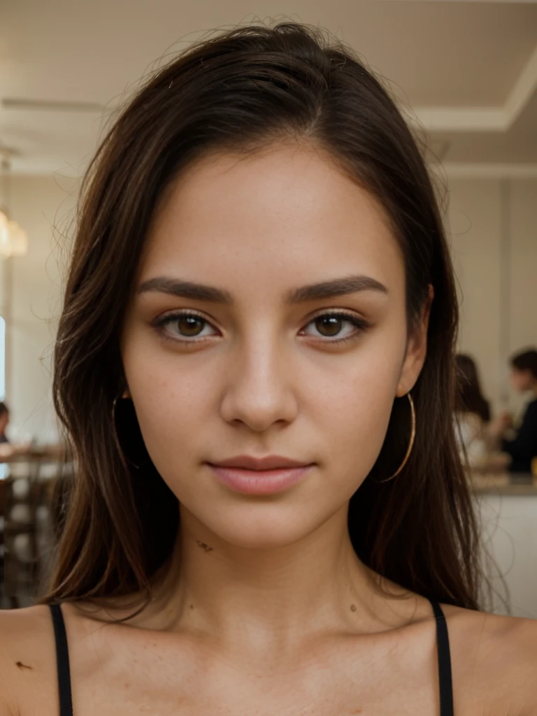 1 beautiful young woman, detailed facial features, thin lips, delicate eyes, thin eyebrows, thin nose, earrings, long eyelashes, taking selfie in cafe, high quality, realistic, photorealistic, professional, natural lighting, warm color tones, cinematic