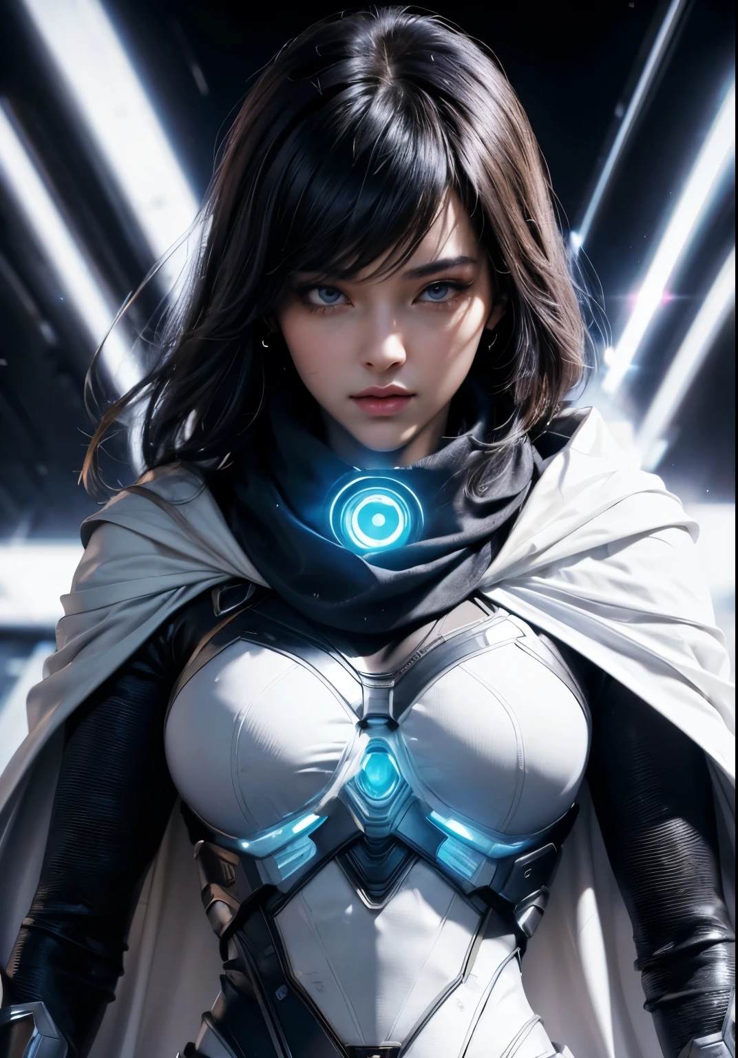 Waist up ((Extremely detailed asymmetric realistic masterpiece)) hyperrealistic masterpiece, Superhero very beauty girl ((in futuristic aesthetic style)) in extremely detailed tech plugsuit ((with scarf & white cape)), cinematic illumination: 8k, glowing, concept art, smooth, sharp focus, illustration