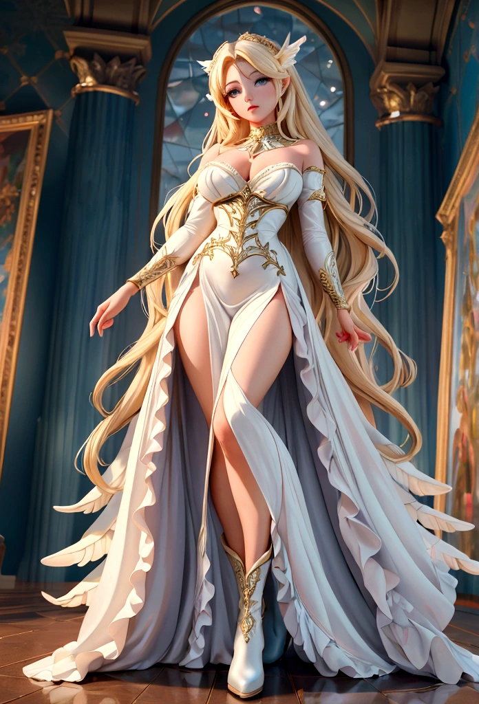 Arafed, a picture of a female angel in high society prom event, divine beautiful female angel, blond hair, long hair, flowing hair, the hair glows in a soft light, cerulean eyes, deep light eyes, divine beautiful face, folded white feather wings, she wears a red evening dress, elegant, intricate detailed dress, silk dress, she wears elegant high heeled boots, exquisite high heeled boots, she stands on the porch of a fantasy castle, dynamic angle, soft torch light, (Masterpiece: 1.5), 16k, highres, best quality, high details, ultra detailed, masterpiece, best quality, (extremely detailed), AngelStyle, GlowingRunesAI_paleblue, Angels Elemental, bj_Devil_angel