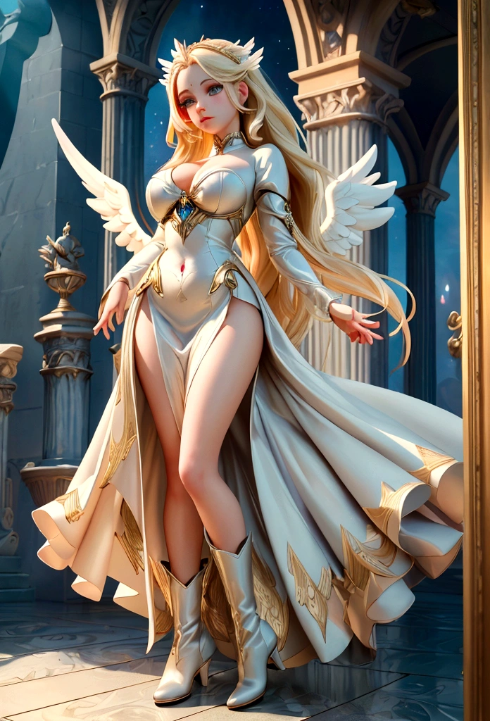 Arafed, a picture of a female angel in high society prom event, divine beautiful female angel, blond hair, long hair, flowing hair, the hair glows in a soft light, cerulean eyes, deep light eyes, divine beautiful face, folded white feather wings, she wears a red evening dress, elegant, intricate detailed dress, silk dress, she wears elegant high heeled boots, exquisite high heeled boots, she stands on the porch of a fantasy castle, dynamic angle, soft torch light, (Masterpiece: 1.5), 16k, highres, best quality, high details, ultra detailed, masterpiece, best quality, (extremely detailed), AngelStyle, GlowingRunesAI_paleblue, Angels Elemental, bj_Devil_angel