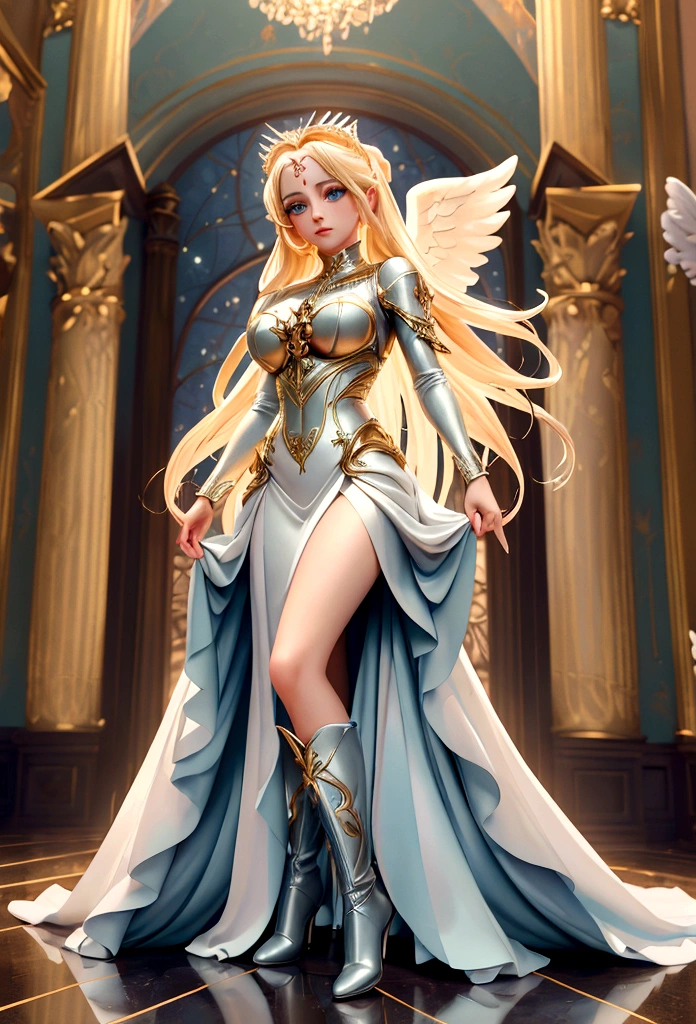 Arafed, a picture of a female angel in high society prom event, divine beautiful female angel, blond hair, long hair, flowing hair, the hair glows in a soft light, cerulean eyes, deep light eyes, divine beautiful face, folded white feather wings, she wears a red evening dress, elegant, intricate detailed dress, silk dress, she wears elegant high heeled boots, exquisite high heeled boots, she stands on the porch of a fantasy castle, dynamic angle, soft torch light, (Masterpiece: 1.5), 16k, highres, best quality, high details, ultra detailed, masterpiece, best quality, (extremely detailed), AngelStyle, GlowingRunesAI_paleblue, Angels Elemental, bj_Devil_angel