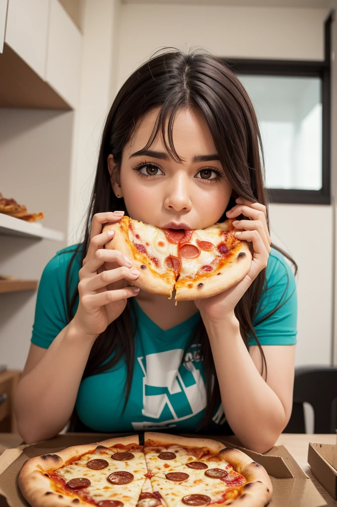 Crie um obeso realista comendo uma pizza