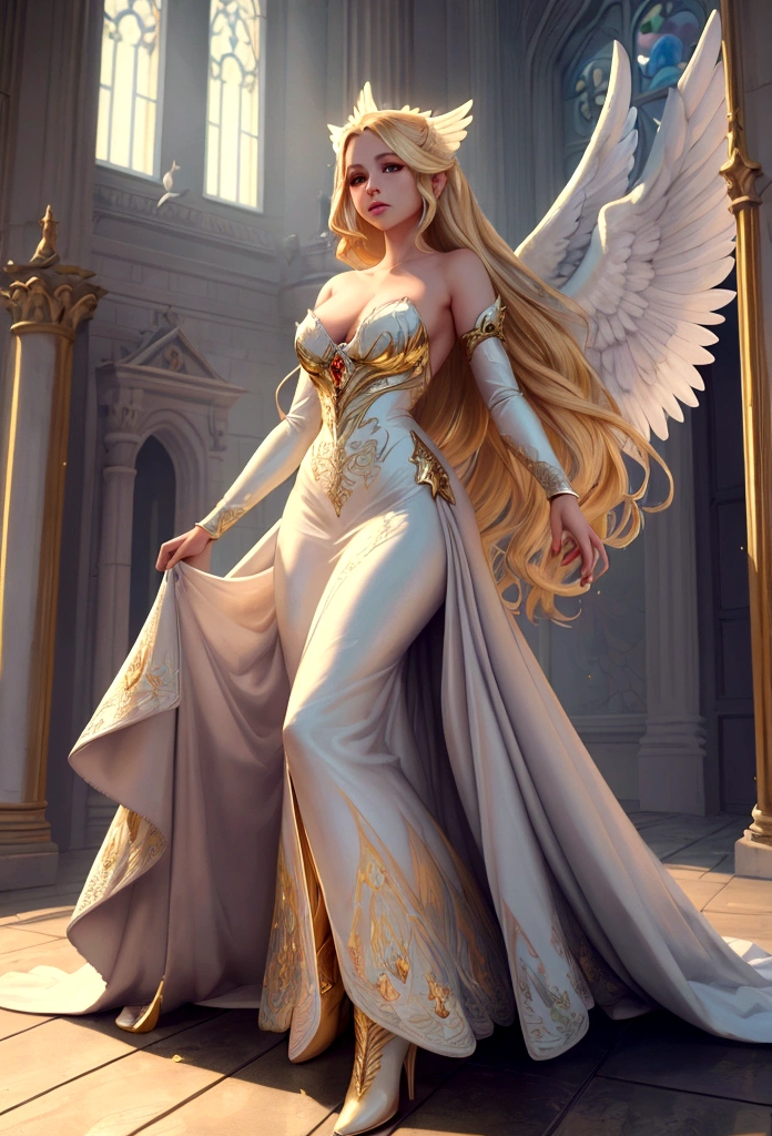 Arafed, a picture of a female angel in high society prom event, divine beautiful female angel, blond hair, long hair, flowing hair, the hair glows in a soft light, cerulean eyes, deep light eyes, divine beautiful face, folded white feather wings, she wears a red evening dress, elegant, intricate detailed dress, silk dress, she wears elegant high heeled boots, exquisite high heeled boots, she stands on the porch of a fantasy castle, dynamic angle, soft torch light, (Masterpiece: 1.5), 16k, highres, best quality, high details, ultra detailed, masterpiece, best quality, (extremely detailed), AngelStyle, GlowingRunesAI_paleblue, Angels Elemental, bj_Devil_angel