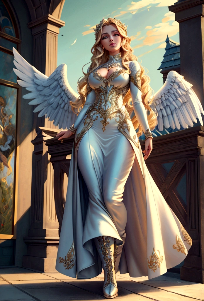 Arafed, a picture of a female angel in high society prom event, divine beautiful female angel, blond hair, long hair, flowing hair, the hair glows in a soft light, cerulean eyes, deep light eyes, divine beautiful face, folded white feather wings, she wears a red evening dress, elegant, intricate detailed dress, silk dress, she wears elegant high heeled boots, exquisite high heeled boots, she stands on the porch of a fantasy castle, dynamic angle, soft torch light, (Masterpiece: 1.5), 16k, highres, best quality, high details, ultra detailed, masterpiece, best quality, (extremely detailed), AngelStyle, GlowingRunesAI_paleblue, Angels Elemental, bj_Devil_angel