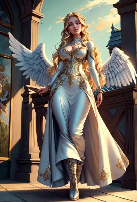 arafed, a picture of a female angel in high society prom event, divine beautiful female angel, blond hair, long hair, flowing ha...